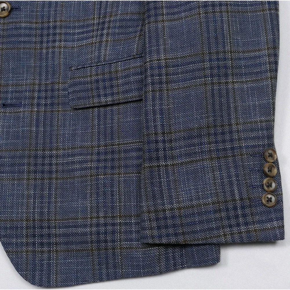Bonobos Marlane Slim Fit Hopsack Blazer Mens 38S Blue Glen Plaid Wool Linen